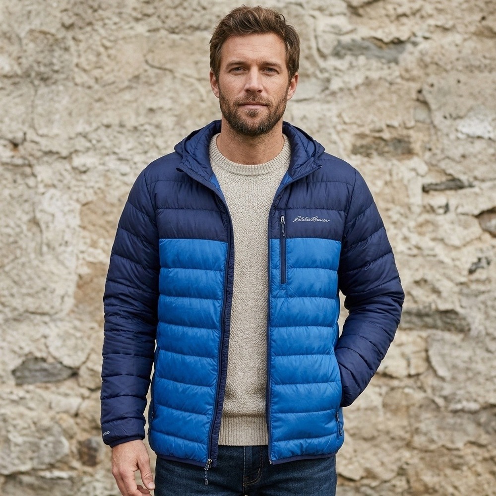 Eddie Bauer Men CirrusLite Hooded Jacket Medium Blue Puffer Down Quilted Winter
